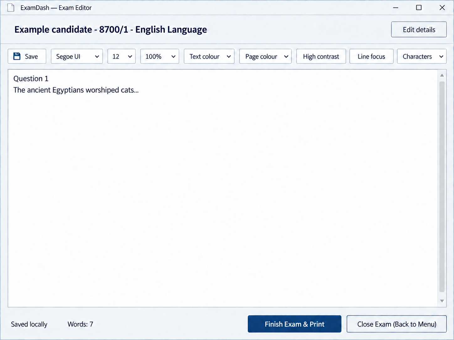 Illustration based on the ExamDash editor layout, with display controls, answer area and finish and print actions.